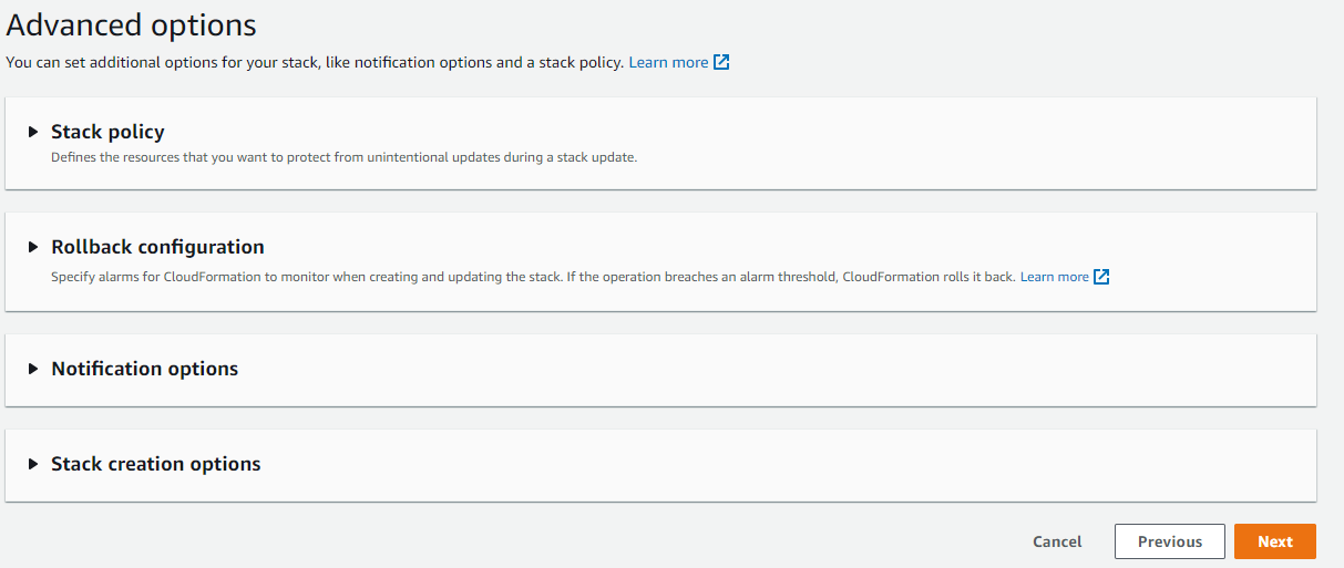 Configure stack screen on the AWS console