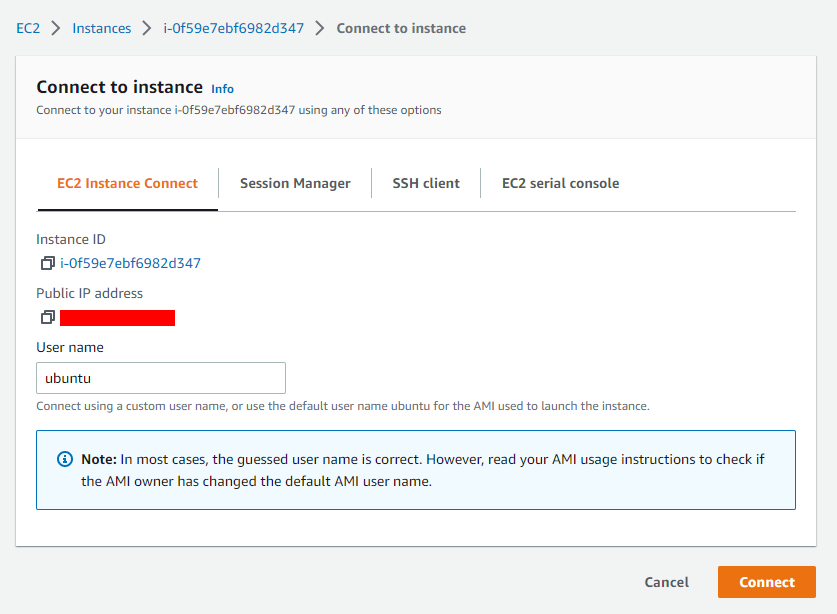 EC2 connection screen on the AWS console