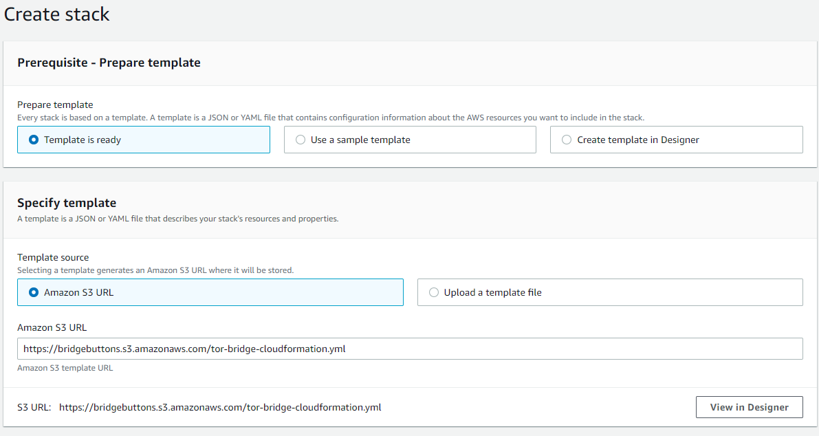 Create stack screen on the AWS console