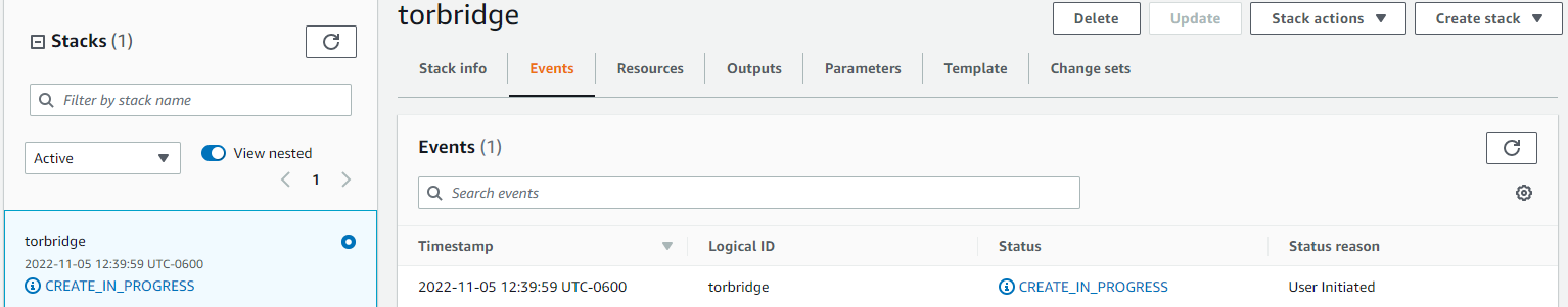 CloudFormation screen on the AWS console