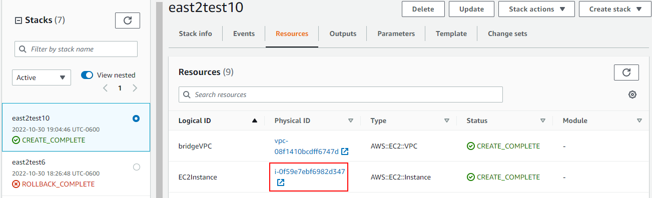 CloudFormation screen on the AWS console
