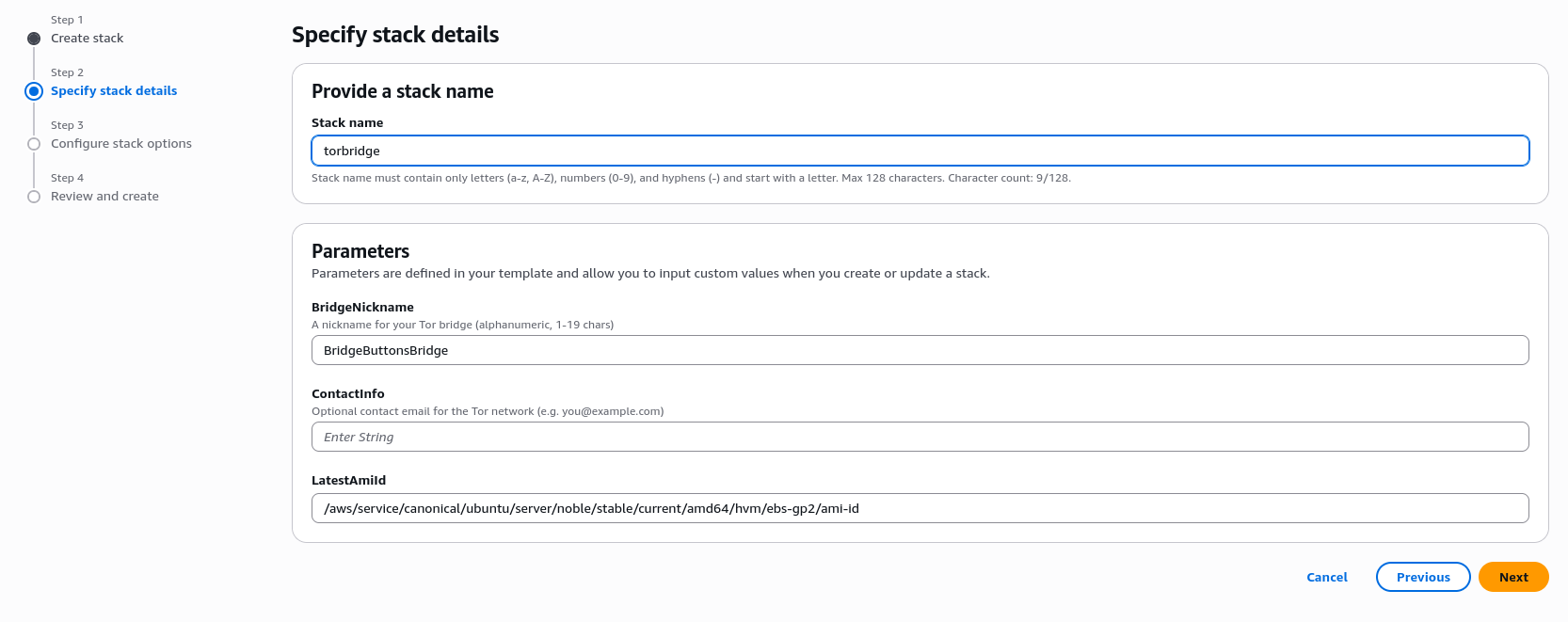 Specify stack screen on the AWS console
